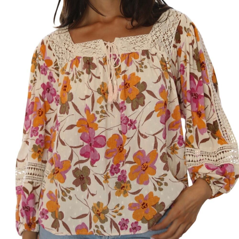 Angie Prairie Blouse 1X Floral Boho Crochet Lace Swiss Dot Tassel Square Neck